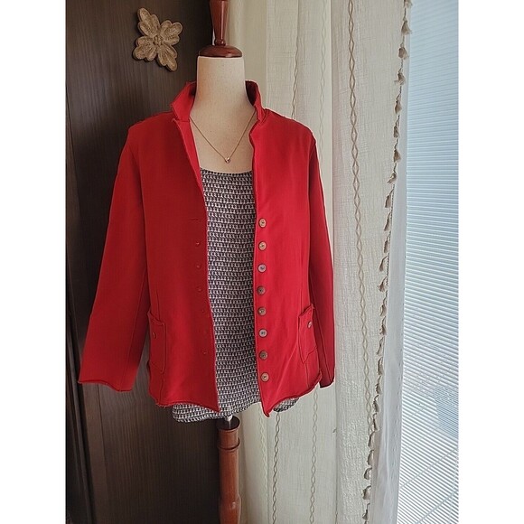 White Lotus Jersey Stretch Blazer Rolled Hem Pockets Wood Metal Buttons Small - Picture 14 of 14